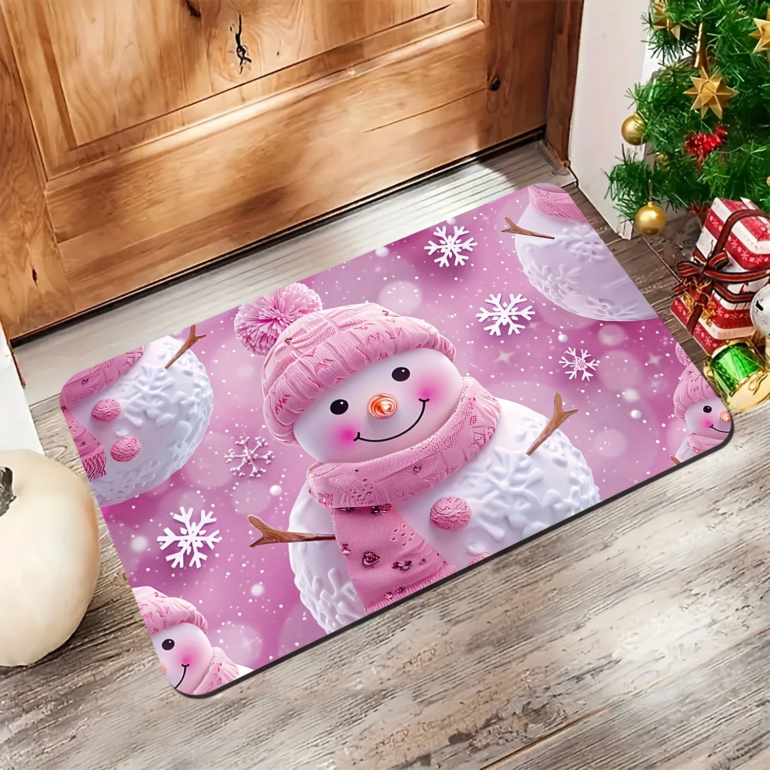 Christmas Doormat Non‑Slip Front Door Rug Washable Indoor Outdoor Xmas Pink Snowman Snowflake Winter Entrance Mat