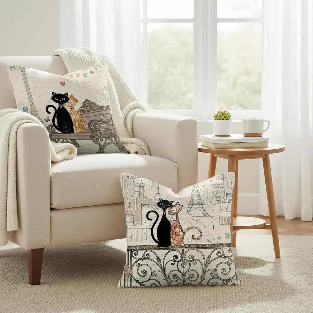 Tiny Black Kitten Cushion Cover Summer Coolness Linen Organic Fabric Sofa Pillow Case Double-Sided Printing Home Decor