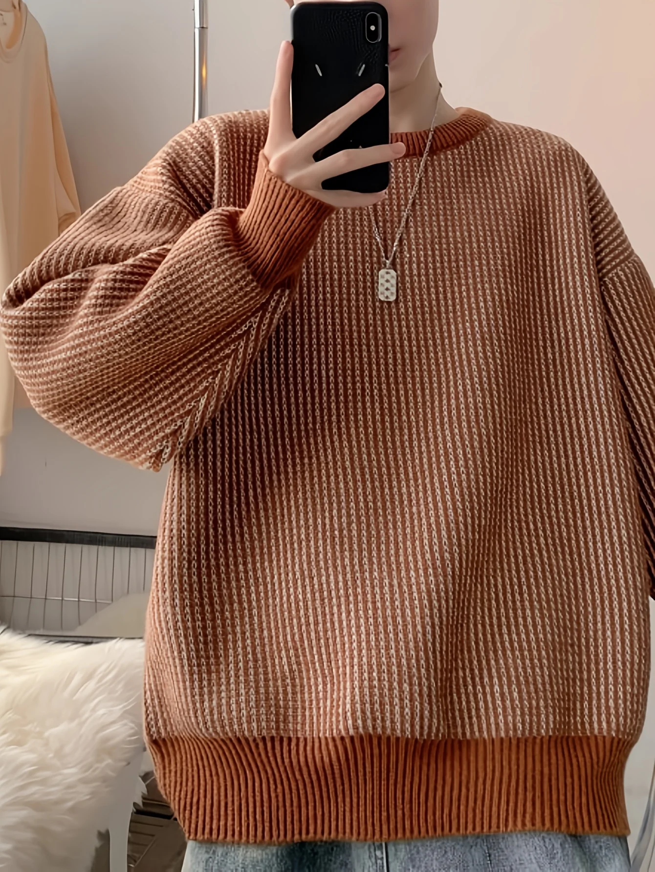 

LVLAEA Twisted Striped Casual Knitted Pullover for Men, Fall Winter Long Sleeve Round Neck, Lazy Style Loose Streetwear Top