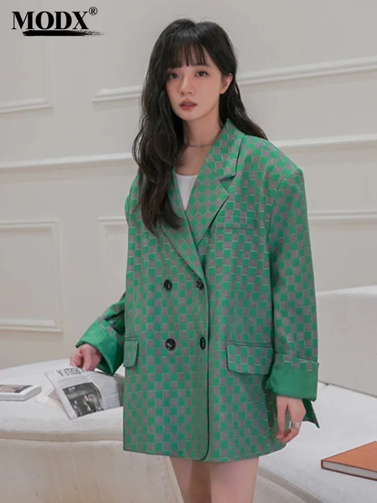 

[MODX] Green Plaid Big Size Casual Blazer Women New Lapel Long Sleeve Loose Fit Jacket Fashion Tide Spring Autumn 2024