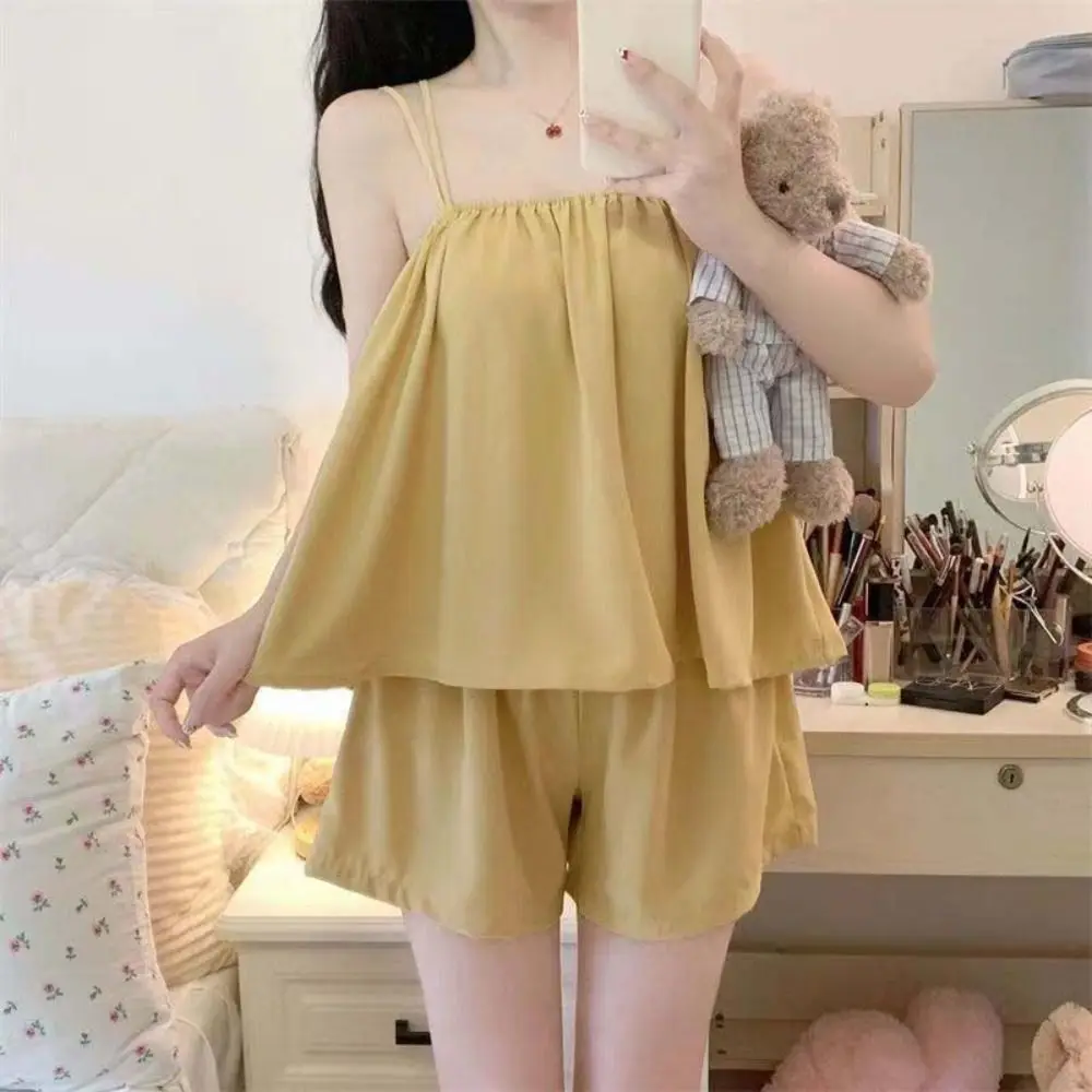 

Мягкие однотонные пижамы без рукавов, женские повседневные тонкие пижамы, комплект домашней одежды, свободная ночная рубашка из двух предметов для девочек