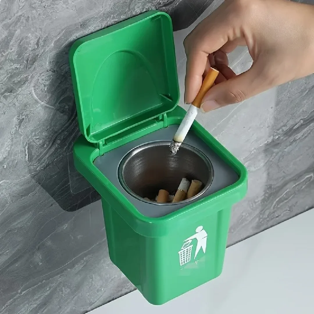 Creative Wall Mounted Trash Can Ashtray Stainless Steel Inner Liner with Lid Anti Fly Ash Toilet Ashtray Cigarette Accessories