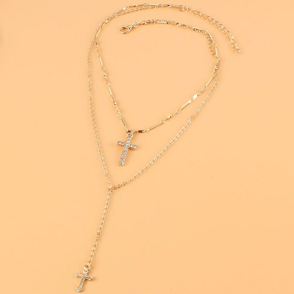 European and American retro diamond-encrusted cross bead chain multi-layer necklace, cross-border simple personalized collarbone