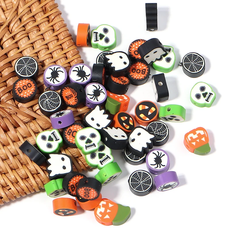 50Pcs Soft Pottery Halloween Beads Ghost Pattern Irregular Loose Clay DIY Bead Jewelry Bracelets Handmade Finding Supplies