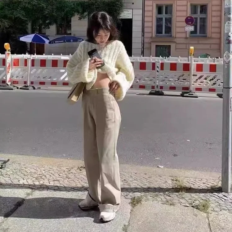 Coupe ample pur coton jambe droite pantalons décontractés pour les femmes automne hiver Sle polyvalent confortable coréen taille l