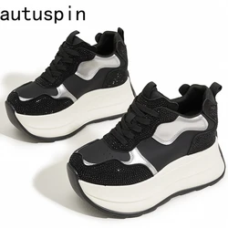 AUTUSPIN 7cm Split skórzane zimowe buty na platformie dla kobiet wulkanizowane grube trampki jesienne damskie buty z kryształkami moda