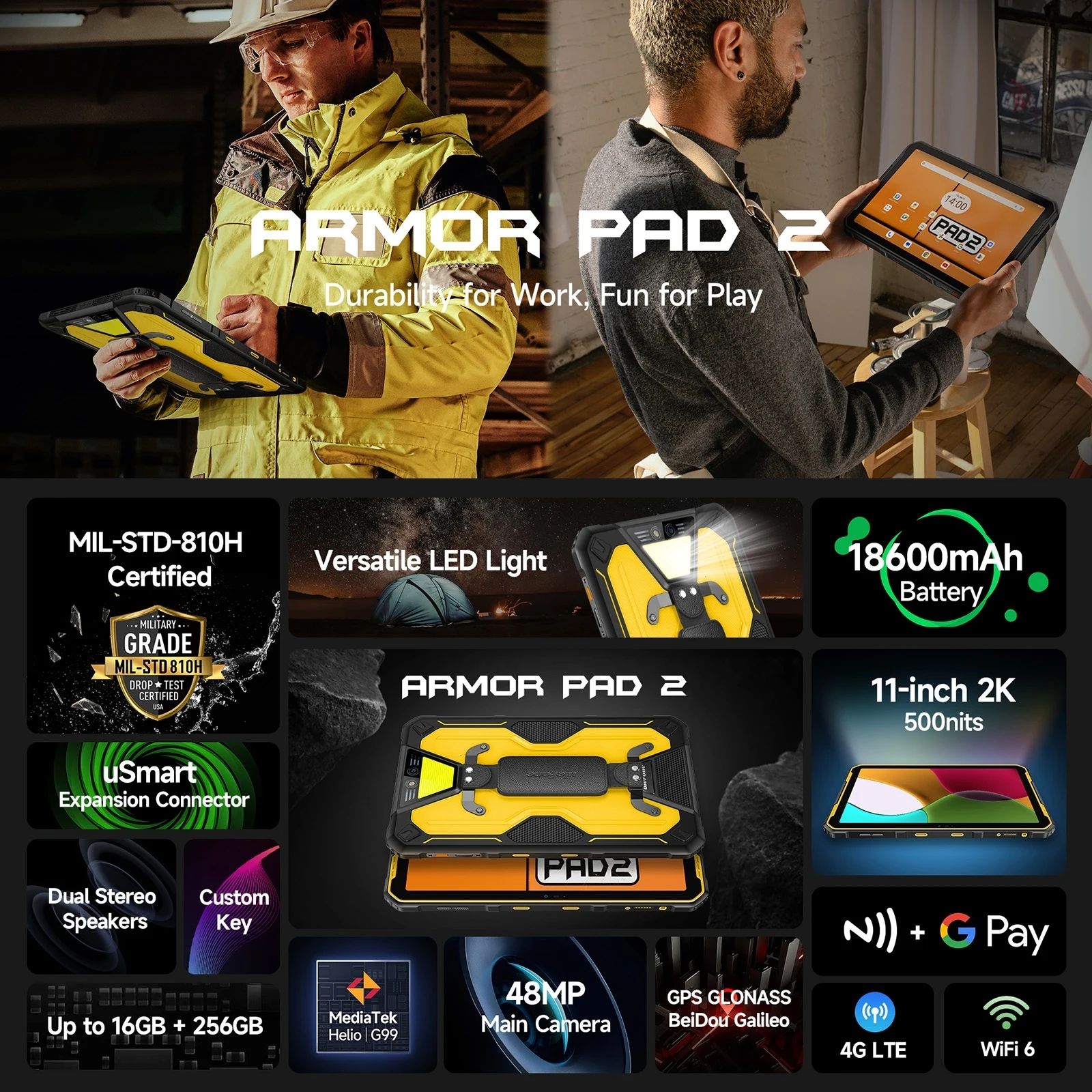 Ulefone Armor Pad 2 Прочный планшетный ПК Android 13 До 16 ГБ + 256 ГБ IP68/IP69K MediaTek Helio G99 11 дюймов 2K 18600 мАч NFC