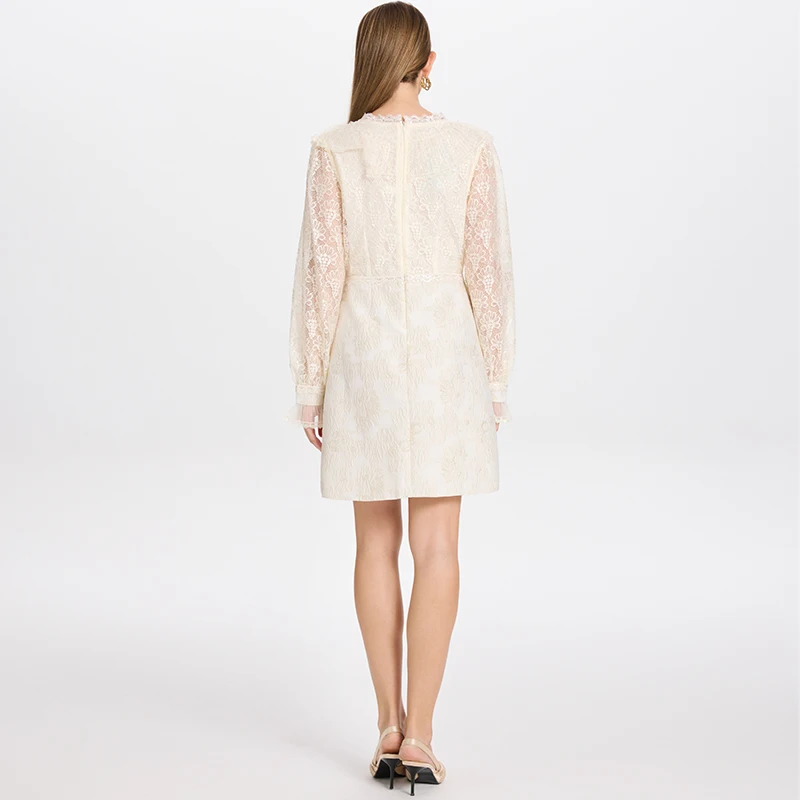 Abiti corti ricamati in pizzo francese elegante con scollo a V manica da principessa a vita alta abito da sera da festa di lusso autunnale da donna