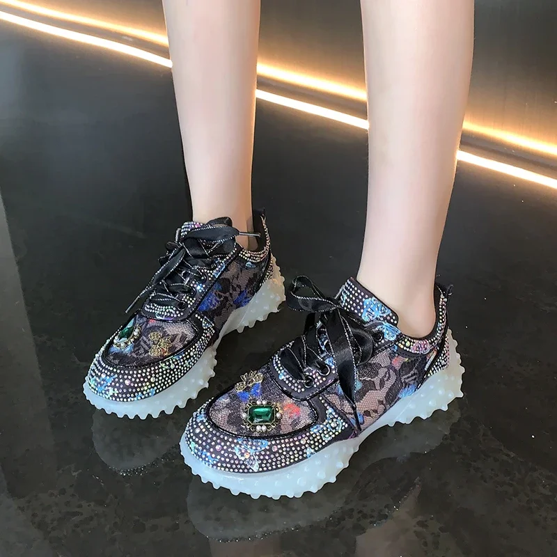 High Appearance Level High Quality Color Matching Rhinestones Comfortable Non-slip Breathable Wear Sports Women's Single Shoes