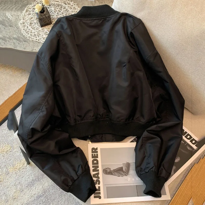 Black Cropped Bomber Jacket Women Stand Collar Zip-Up Long Sleeve Multi-Pocket Design Outerwear Loose Streetwear Casual Coat