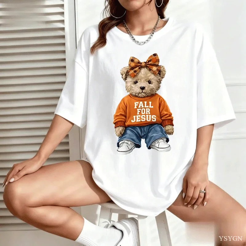 Fall for Jesus Teddy Bear T Shirt Women Graphic Tee Preppy Faith Aesthetic T-shirts Christian Bear Pumpkin Lover Tshirts Clothes