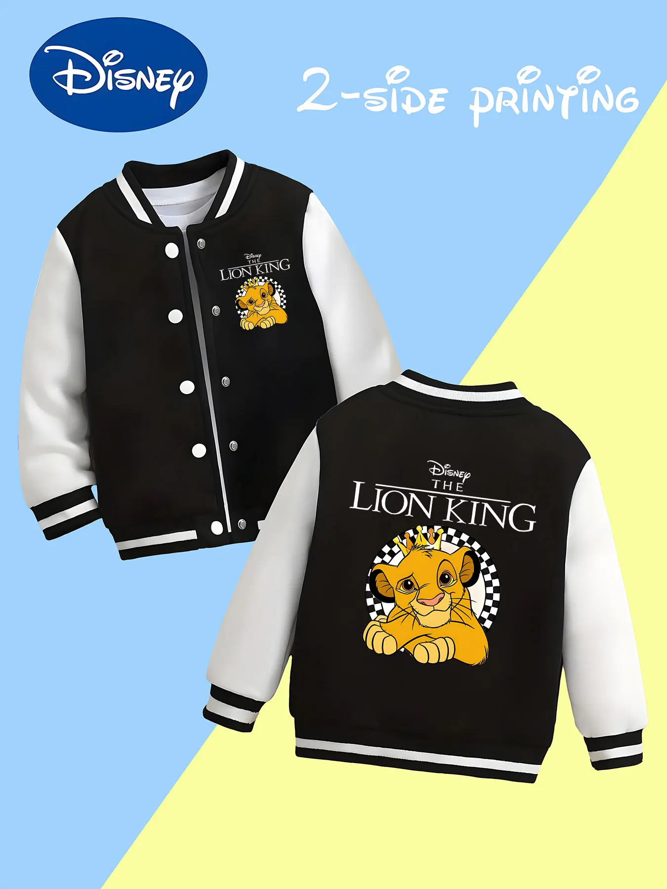 

MINISO Disney "The Lion King" Baseball Jacket for Boys - Simba Print, Black and White, Perfect for School and Everyday Playtime