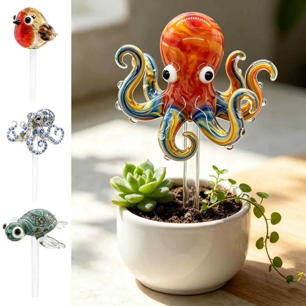 Glass Garden Stakes Decorative Plant Inserts for Pots Handmade Stained Glass Plant Stake Octopus Bird Turtle Garden Ornament