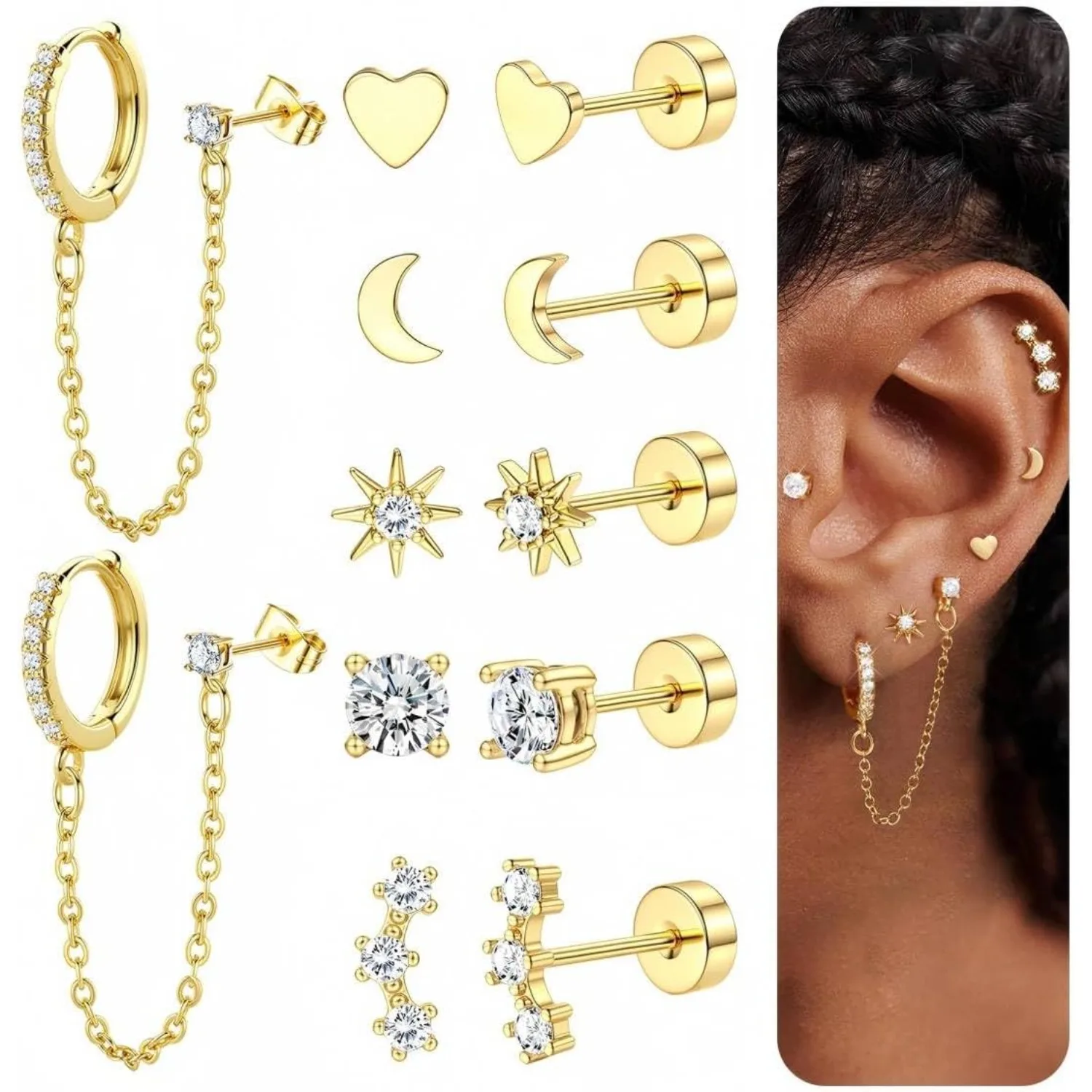 

Bobisty 6 Pairs 14K Gold Plated Flat Back studs Earrings for Women Men Hoop Earrings Stacks Cartilage Piercing Jewelry