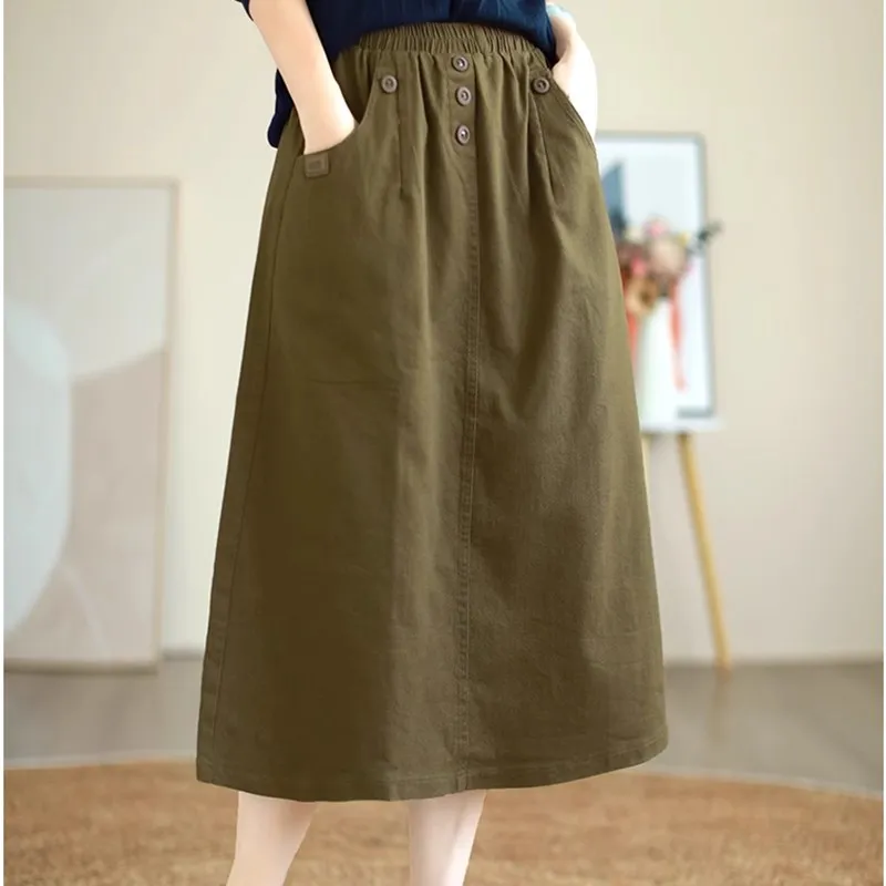 

Retro Japanese Sle Workwear A-Line Skirt Women's Spring Autumn Elastic Waist Button Slimming Commute Versatile Midi Skirt