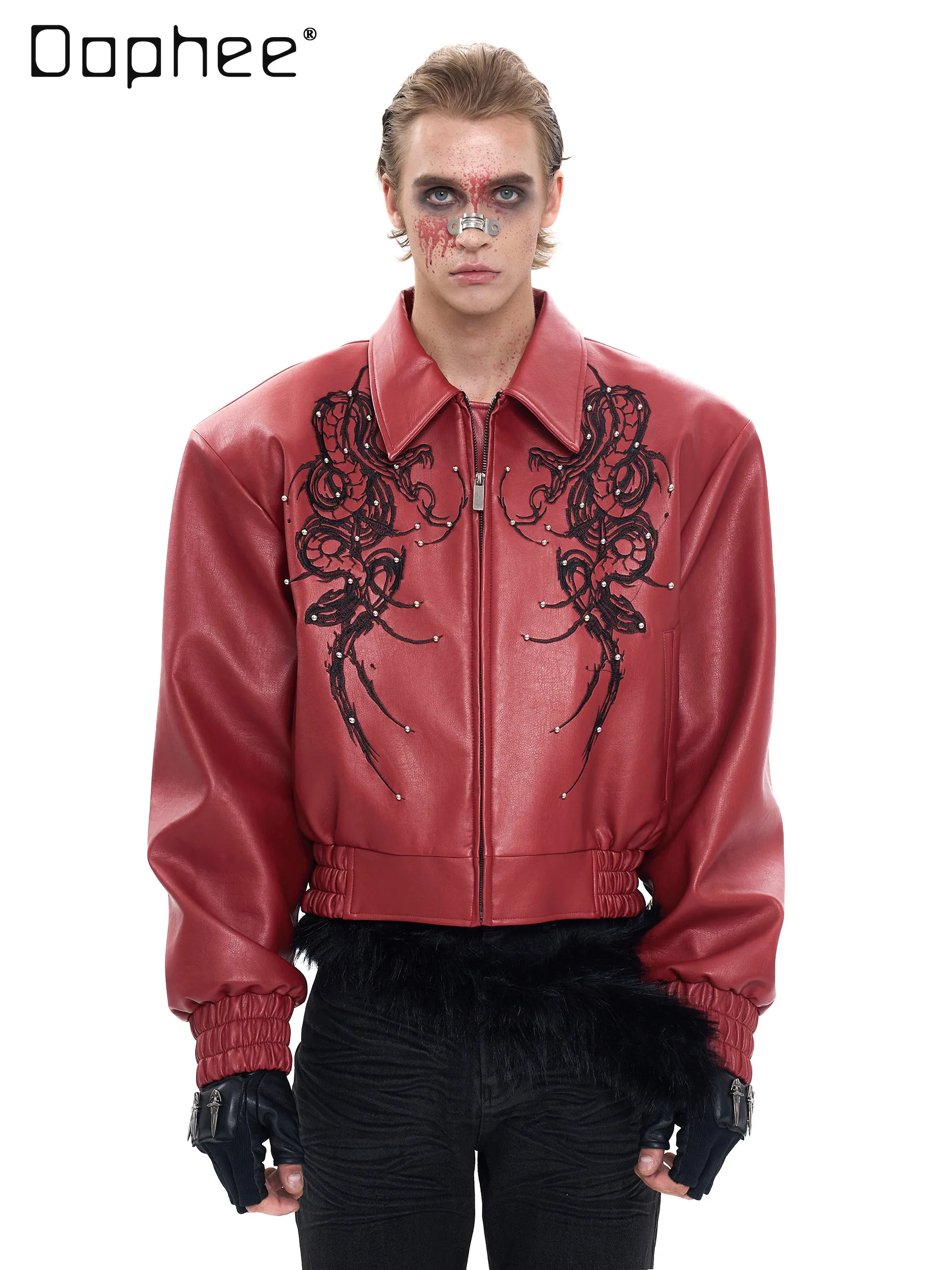 

2026 Spring Autumn New Men's Thorn Embroidery Cropped Black Leather Jacket Beaded Street Motorcycle Cool Red Jacket