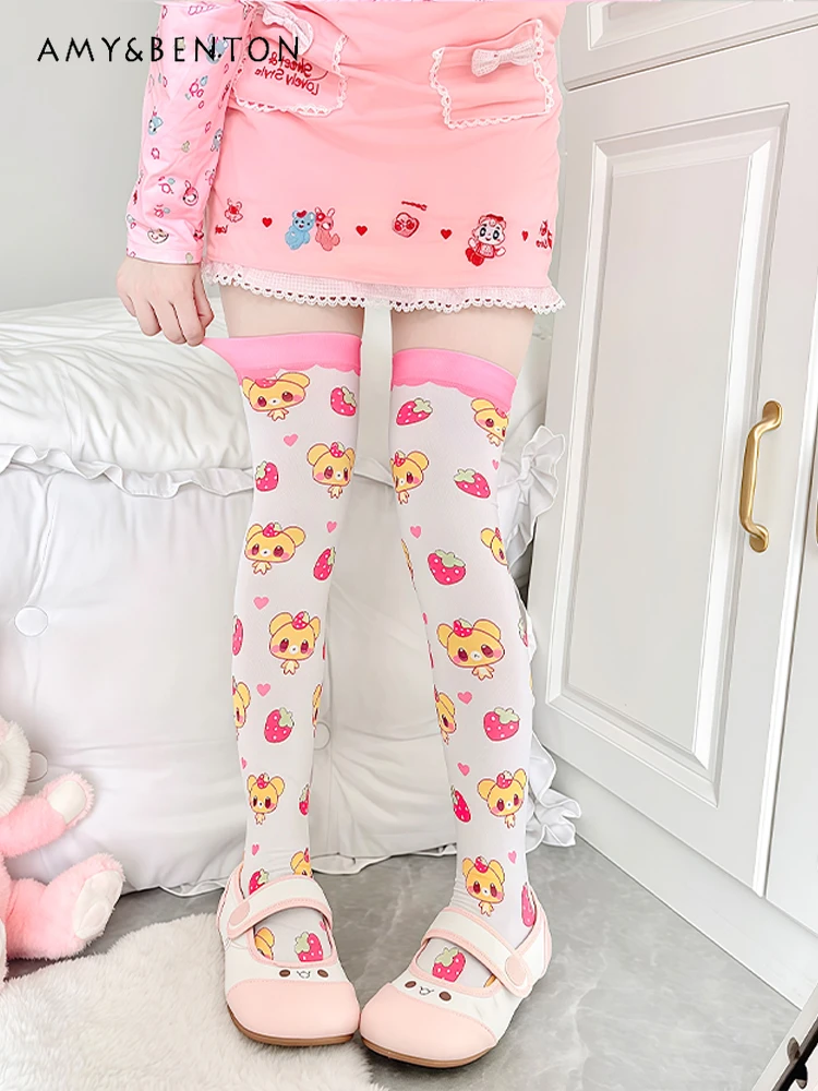 Original Cartoon Printed Thigh High Stockings Japanese Cute Knee High Socks Daily Versatile Sweet Kawaii Velvet Stockings Lolita