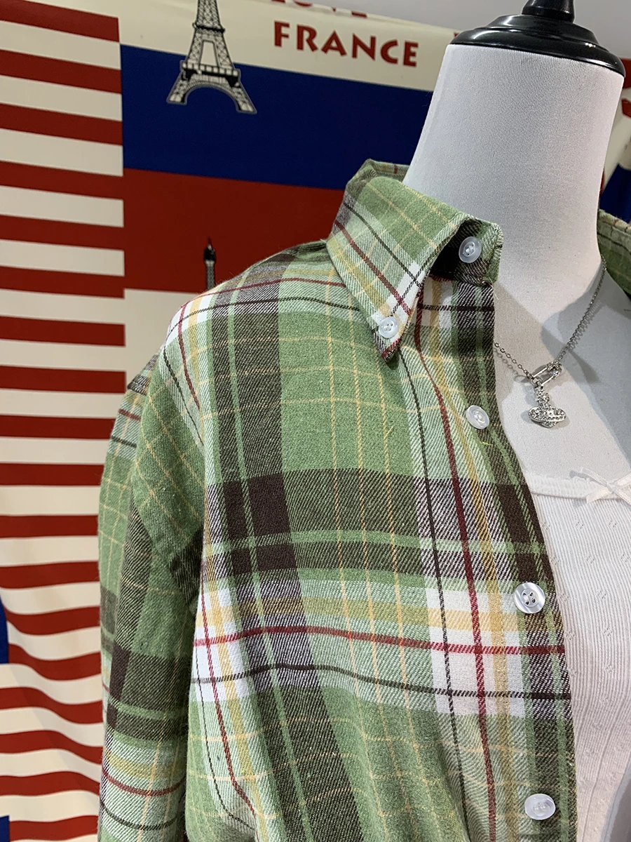 Vintage Green Plaid Y2k T-Shirts Spring Lapel Single Breasted Pocket Cotton Blouse Tops Casual Streetwear Long Sleeve Tee Top