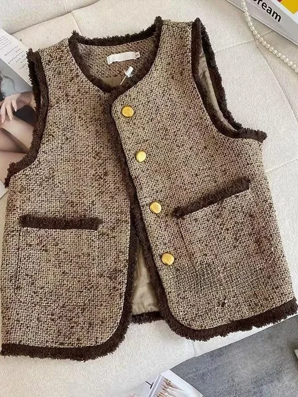 

Small Size Women's Vest Autumn Winter Tweed Outerwear Jaet Commute Sle round Ne Single Button Regular Length Suit