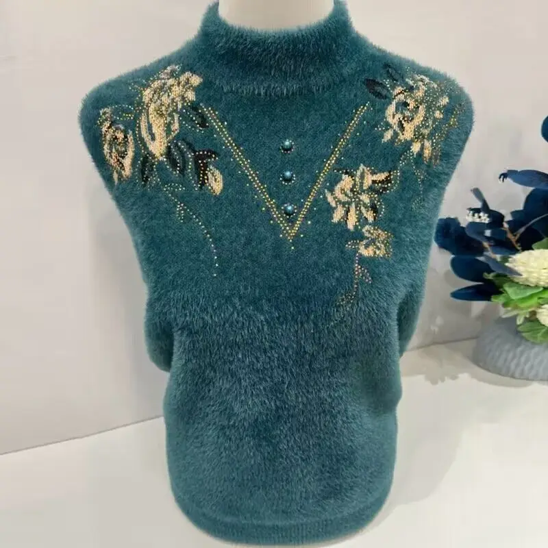 

Elegant Women's Turtleneck Sweater With Floral Beading Detailing For Office Wear Autumn Winter Style