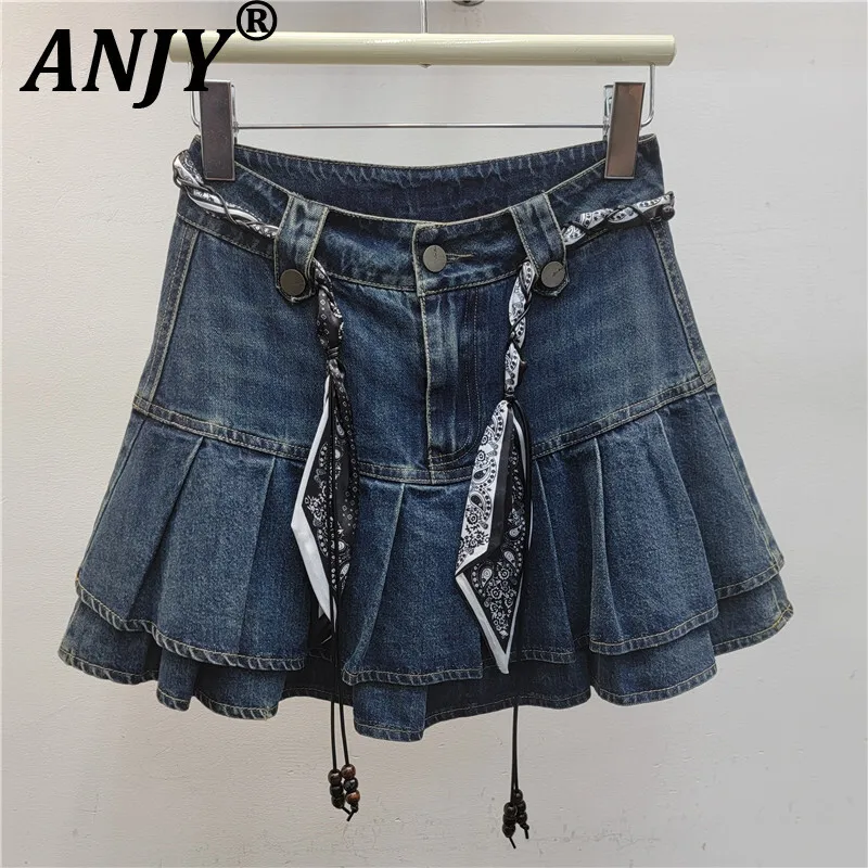 

ANJY Summer Women Niche Design Hot Girl Fashion High Waist Fishtail Pleated Denim A-line Skirt Slim Trend Hip Wrap Skirts A10427