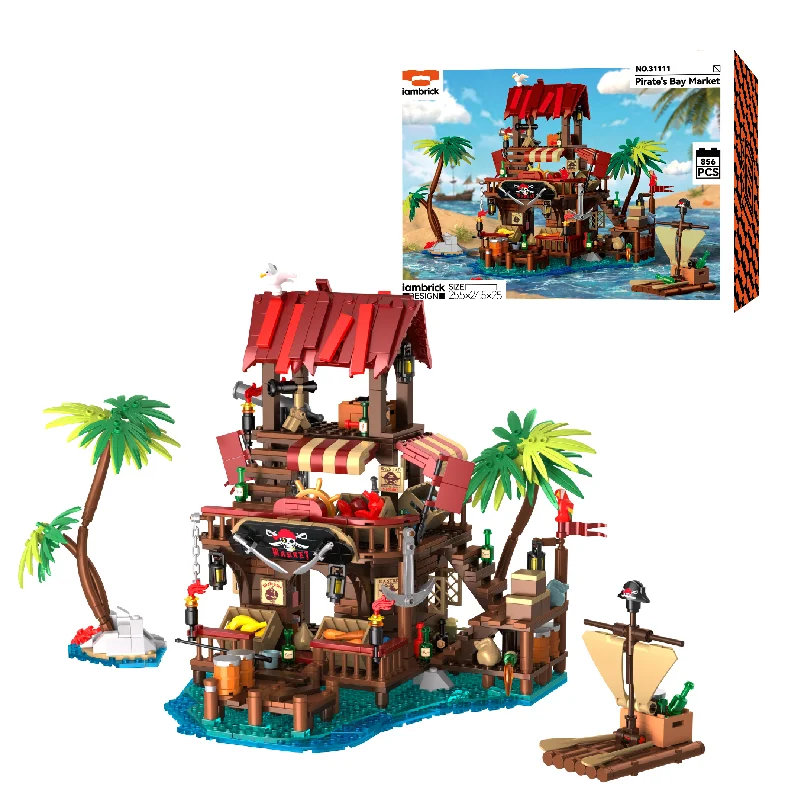 Modèle de château médiéval, blocs de construction du marché de la baie des pirates, briques d'architecture compatibles Street View, jouets éducatifs, cadeaux pour enfants