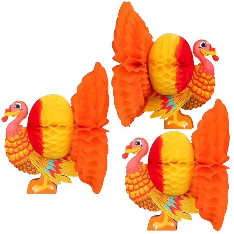 3set Total 9pcs Thanksgiving Decorations Turkey Honeycomb Ball Centerpieces for Home Holiday Party Supplies Paper 3D Table Decor