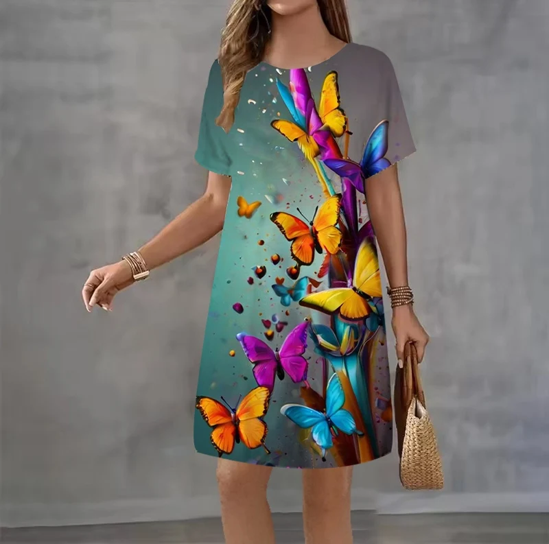Summer women's short sleeve dress Sweet fruit pattern Print Mini dress