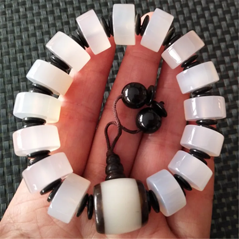 Agate White Chalcedony Spacer Beads Paired With Tibetan Bodhi Root Three-Way Buddha Men And Women