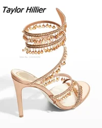 Rhinestone Snake Wrap Sandals Solid Designer Summer Shoes Open Toe Fringes Stiletto Heel Hollow Sandals Women Party Prom Fashion