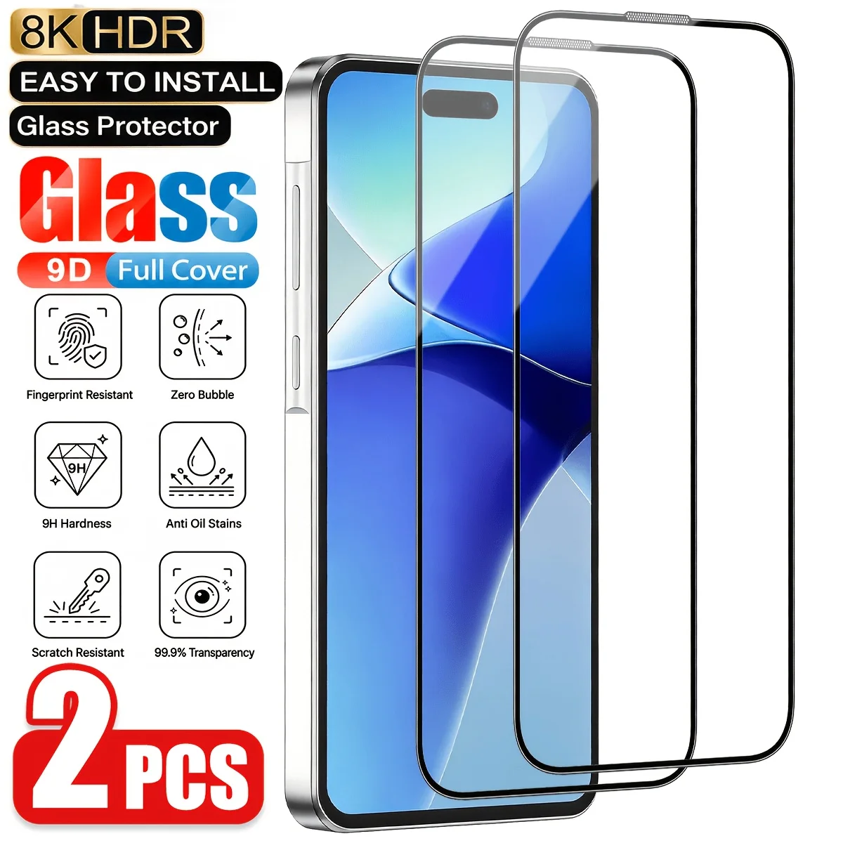 2 Pack 9D Full Screen Tempered Glass Screen Protector 9H Hardness Ultra HD Clear Anti Fingerprint Dust Proof Shock Resistant Scratch Resistant Responsive Touch for iPhone X XS XR 11 12 13 14 15 16 Pro Max 17 Air 17 Pro 17 Pro Max