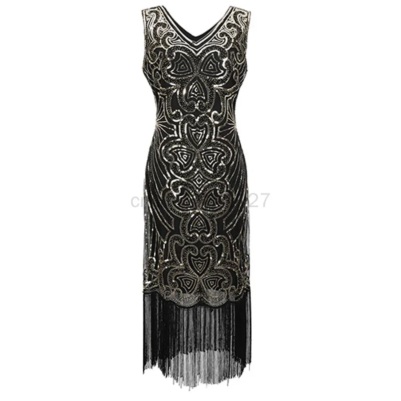 Women 1920s Flapper costume Vintage V-Neck sleeveless Long Great Gatsby Dress with tassel Beaded Sequin Dress Robe Vestidos 20