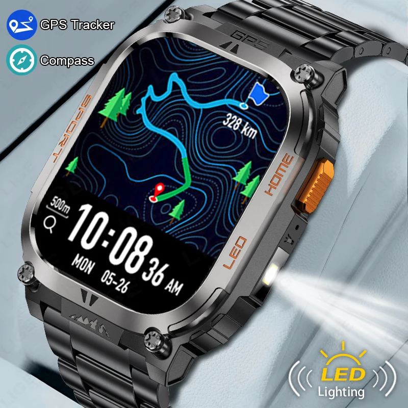 

LIGE Новые умные часы с GPS-отслеживанием, светодиодный фонарик, 1,96 дюйма, HD-экран, компас, Bluetooth-вызов, водонепроницаемые умные часы для Android iOS