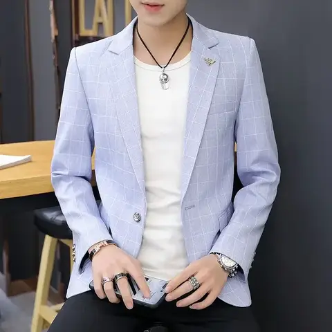 남성 정장 재킷 격자 무늬 중국 코트 남성 블레이저 블루 오리지널 우아한 단순 브레스트 패션 2024 클래식 여름 정장