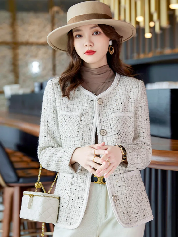 High Quality Autumn Winter Elegant Tweed Blazer Jacket Coat Women Long Sleeve O-neck Korean Fashion OL Woolen Outwear 4XL