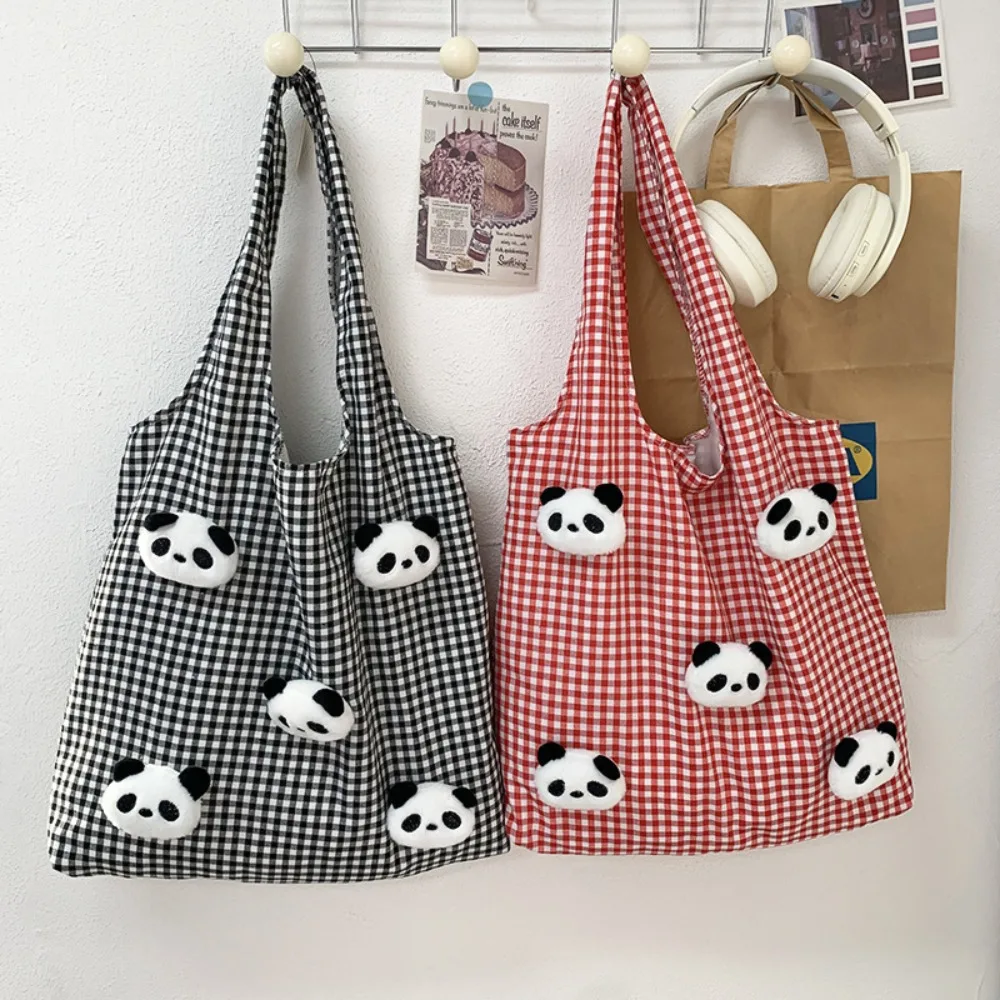 

Vacation Canvas Shopping Bag Cartoon with Inner Bag Plaid Shoulder Bags Panda Doll Large Capacity Office Worker Handbag Travel