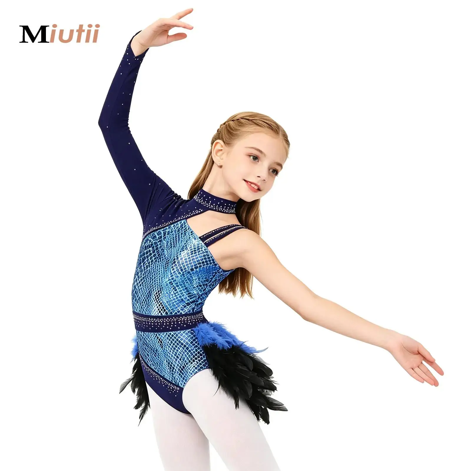 

Girls Figure Skating Feather Decor Bodysuit Dress Jazz Latin Ballet Dance Costume Leotard Jumpsuit Kids Single Sleeve Dancewear