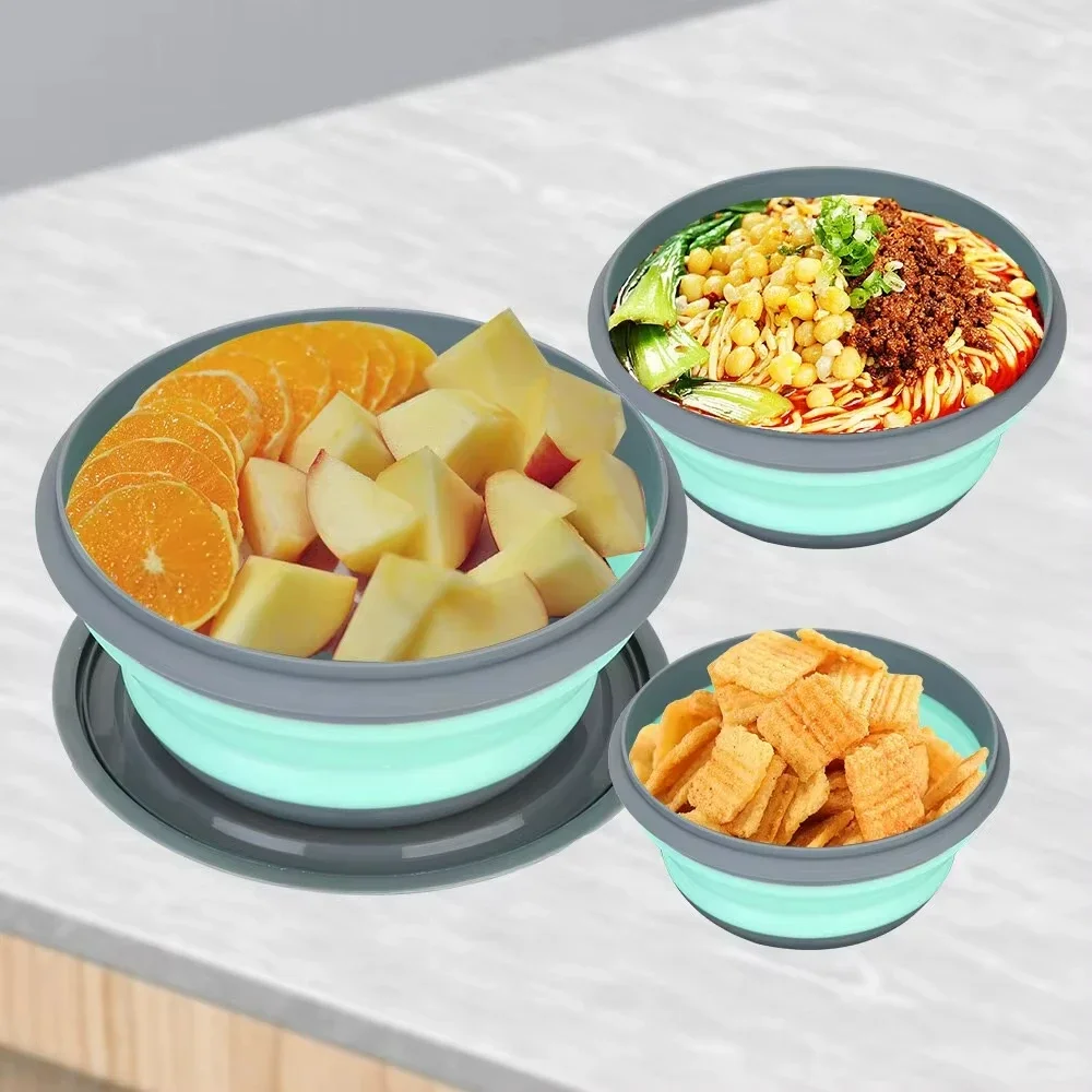 Portable Silicone Folding Bowls with Lid Foldable Lunch Box Salad Bowl SetsMicrowave Freezer Safe Food Storage Container