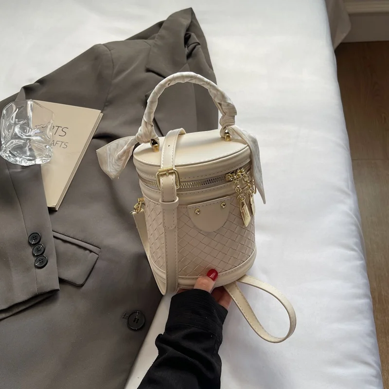 Women Cylinder Bucket Bag Elegant Woven Pattern Handbag With Silk Scarf Decor Mini Crossbody Shoulder Bag For Daily Party Dating