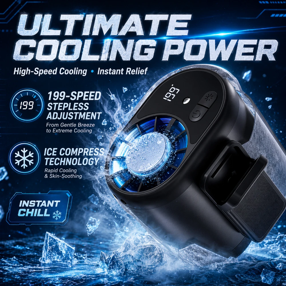 New Aluminum Waist Hanging Fan 199 Adjustable Wind Speed Ice Compress Cooling with LED Flashlight Portable Outdoor Camping Worki