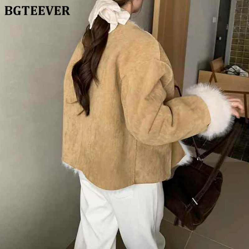 BGTEEVER Elegant Thicken Velvet Ladies Solid Warm Jackets Winter Fashion V-neck Long Sleeve Loose Female Single-breasted Coats