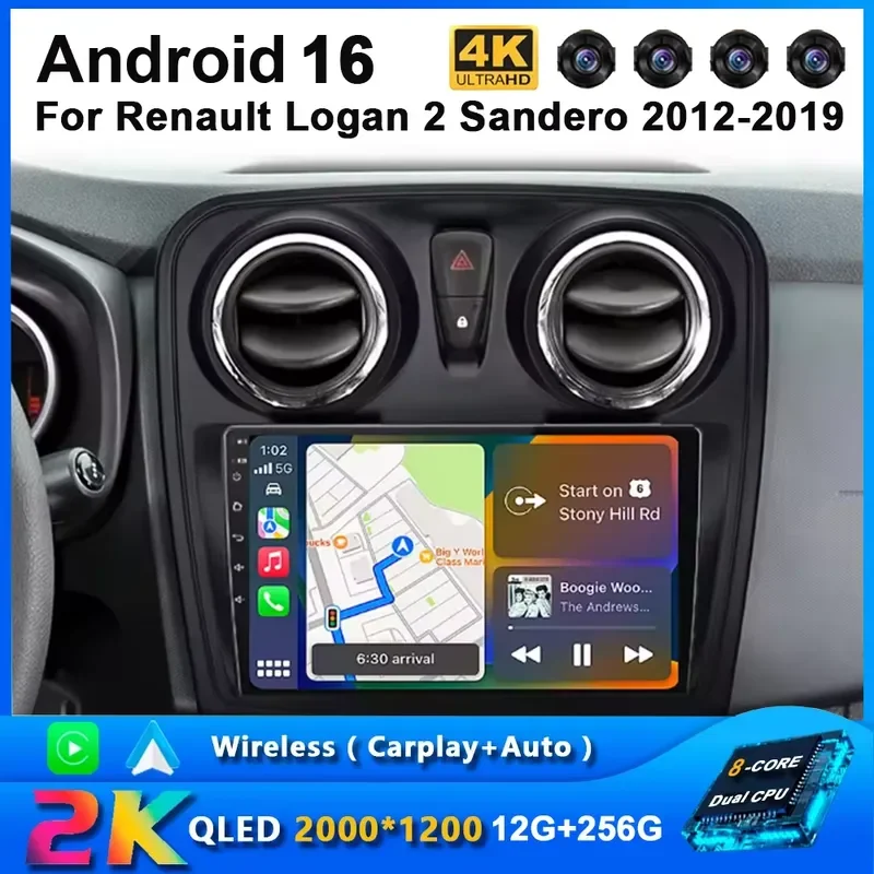 CarPlay Android Auto Radio for Renault Logan 2 Sandero 2012-2019 GPS Navigation Stereo Multimedia Player 2 Din 5G WiFi