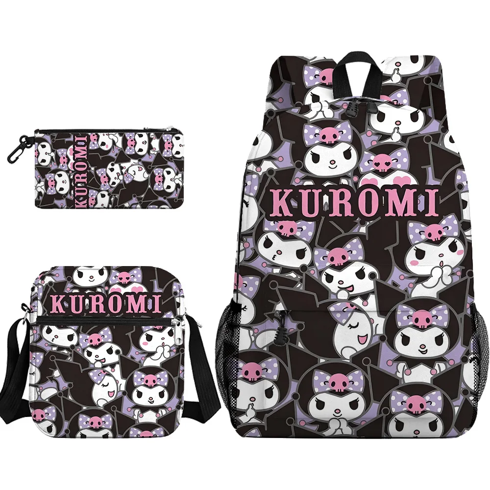 Sac à dos étanche en nylon Kuromi pour adolescents, cartable pour lycéens, filles et garçons, sac à dos pour ordinateur portable, 3 pièces