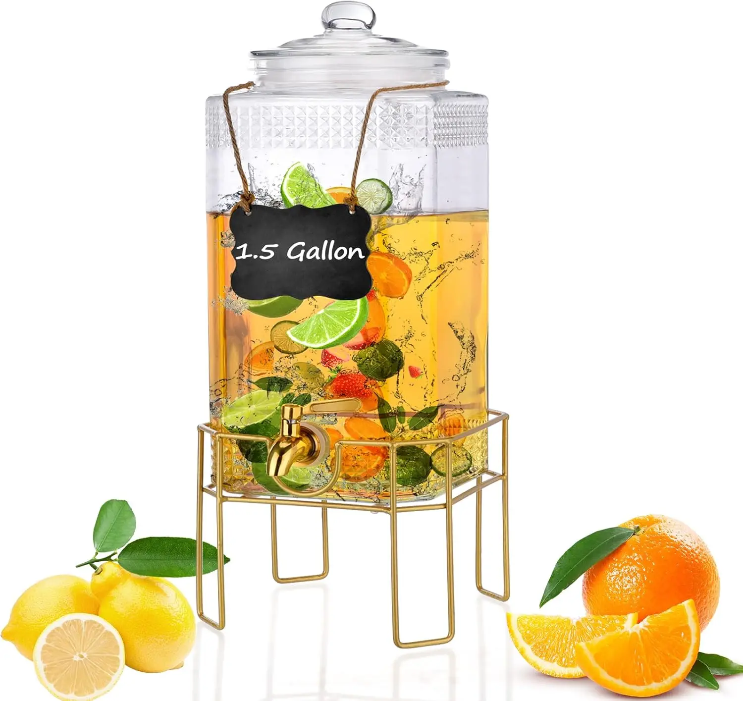 

1.5 Gallon Drink Dispenser with Stand, Glass Lid and Stainless Steel Spigot for Parties, Lemonade, Juice, Tea