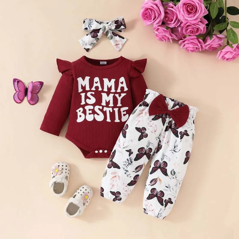 0-18 Months Autumn Baby Set Girl Pit-Striped Long Sleeves Alphabet Jumpsuit Butterfly Print Trousers with Hairband Baby Outfits