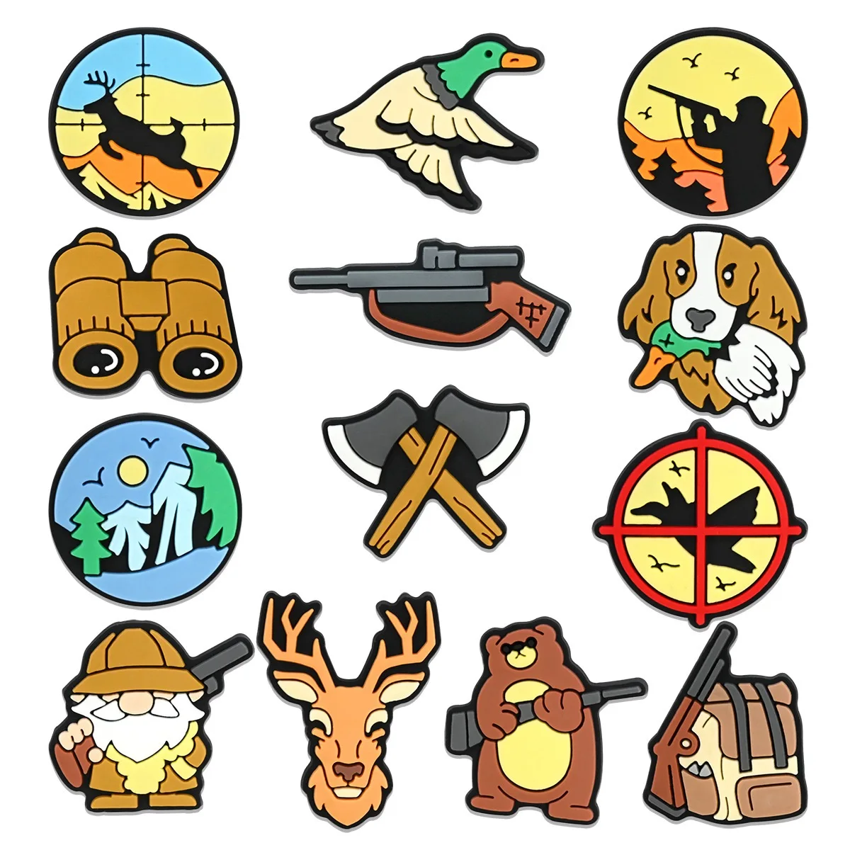 1-13Pcs Hunter Shotgun Axe Telescope Dog Bear Deer PVC Shoes Charms Buckle Decorations DIY Phone Case Sandals Shoes Accessories