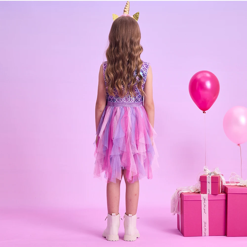 DXTON Abito estivo da principessa senza maniche Abbigliamento per feste di compleanno per bambini Strato irregolare Abiti da ballo per ragazze