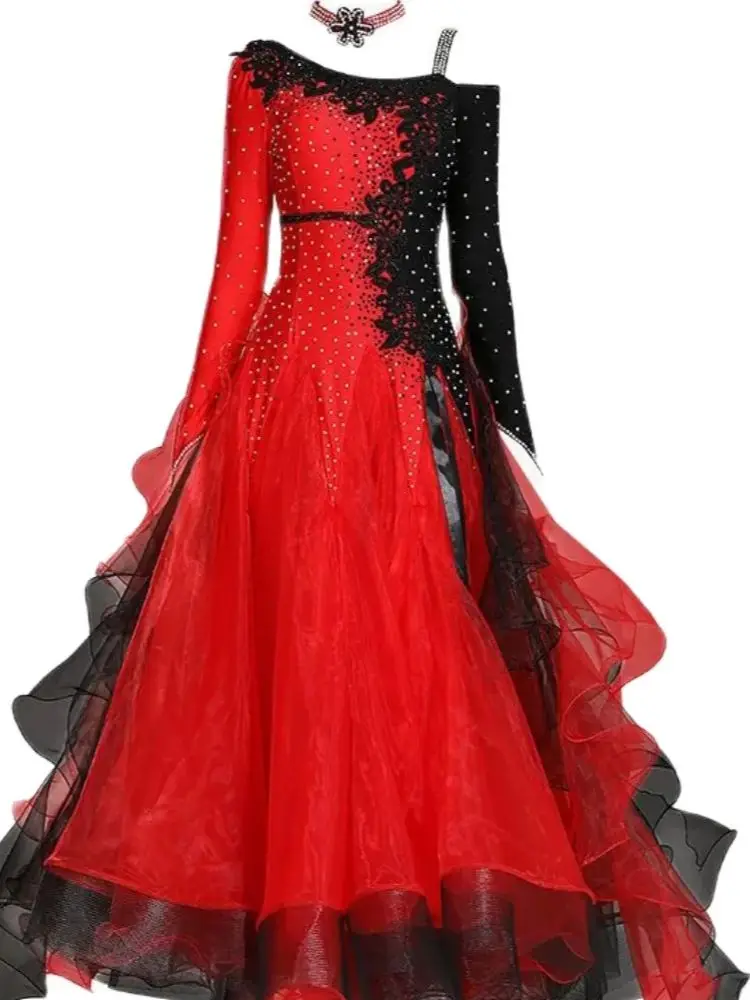 

1pcs/lot Inclined Shoulder Splicing Bright Ballroom Dance Competition Dress For Women Waltz dancing Dress
