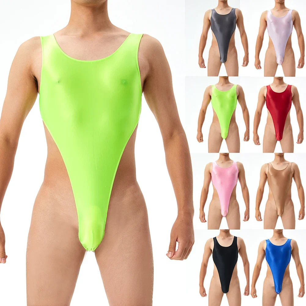 Men\'s Sexy Glossy Bodysuit Sleeveless Jumpsuit Stretch Seamless Underwear Ultra-Thin Undershirts Leotard Sissy Erotic Lingerie