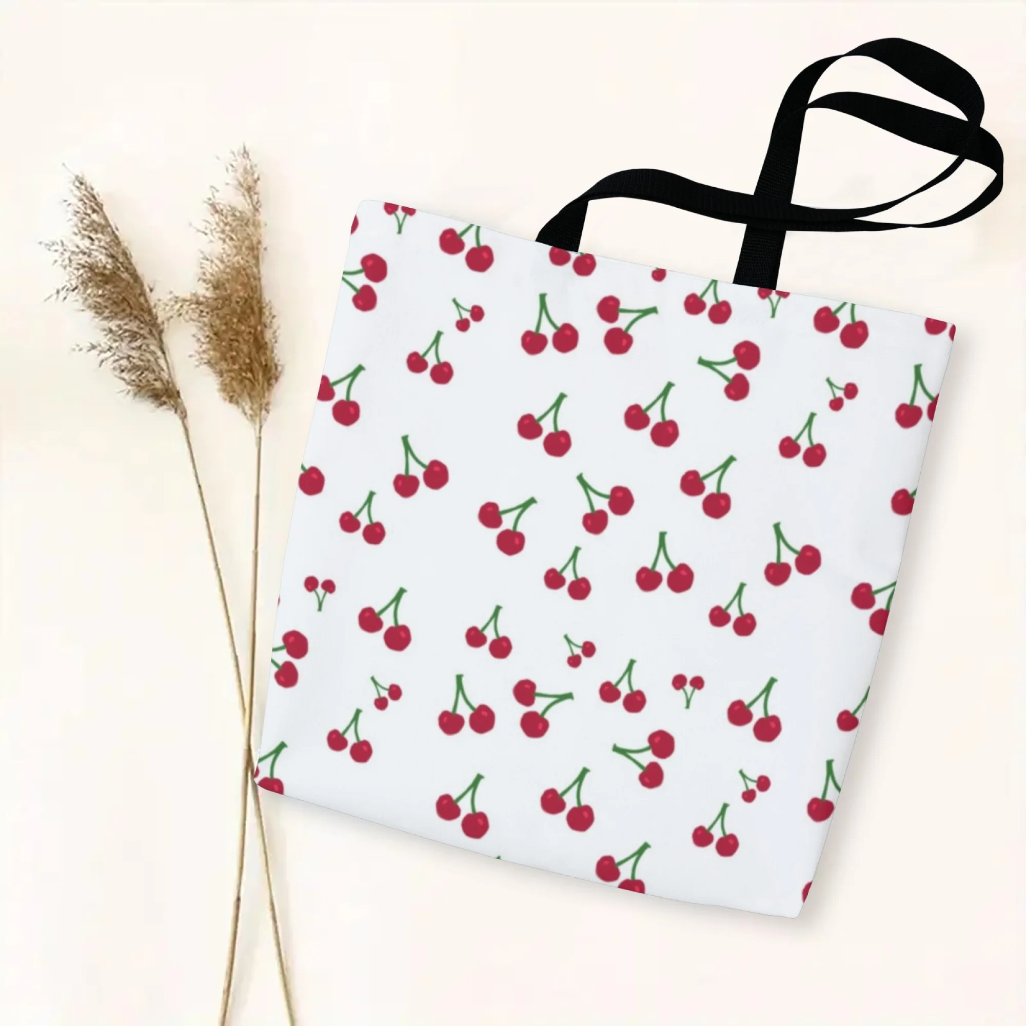 Vibrant Cherry Canvas Women Tote Bag White Fruit Design Eco-Friendly Suitable for Summer Markets Fruit Picking & Weekend Trips